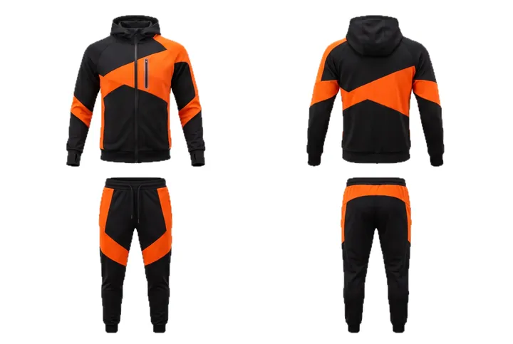 Ghost mannequin photograph of the Angular geometry Colour block panel custom jersey design, front and back views side by side