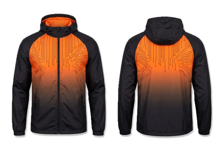 Ghost mannequin photograph of the Circuit trace Vertical fade custom jersey design, front and back views side by side