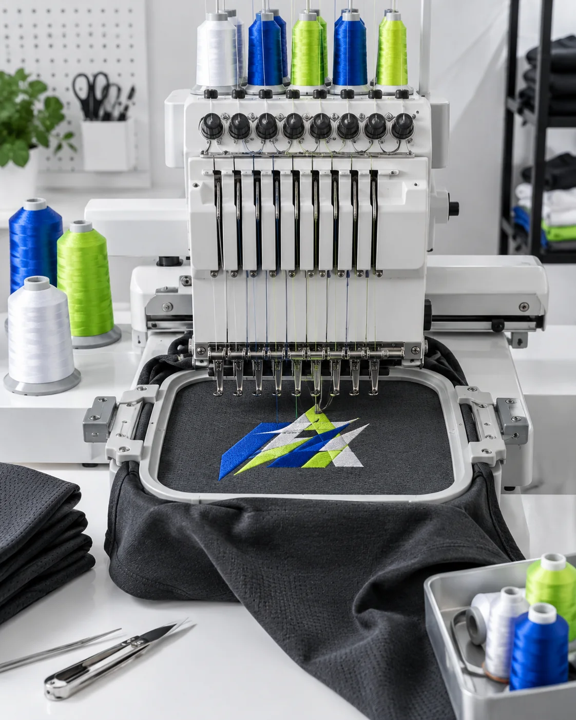 An embroidery machine stitching a crest