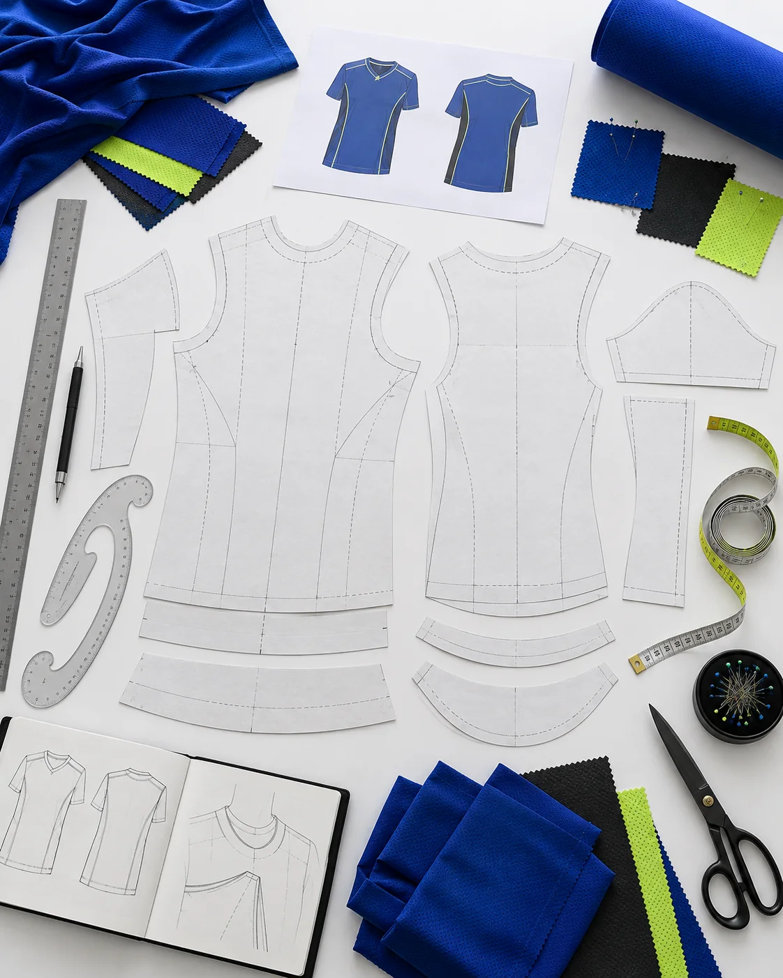 A pattern maker drafting a jersey pattern at a cutting table