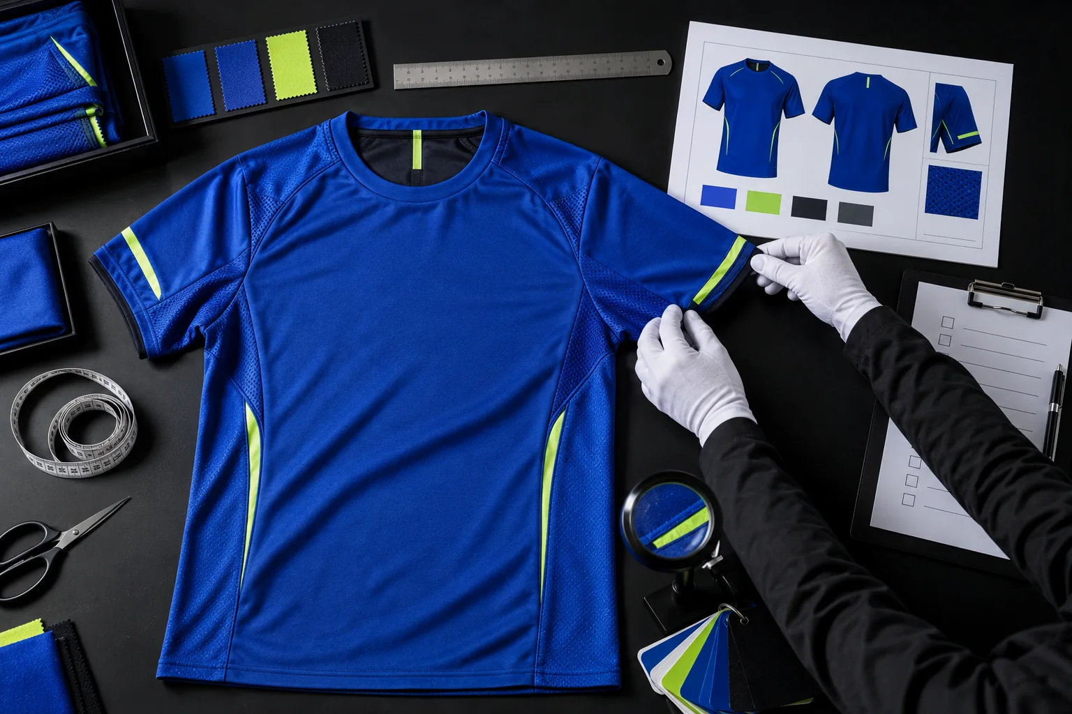 An inspector checking a finished royal-blue jersey against its spec sheet