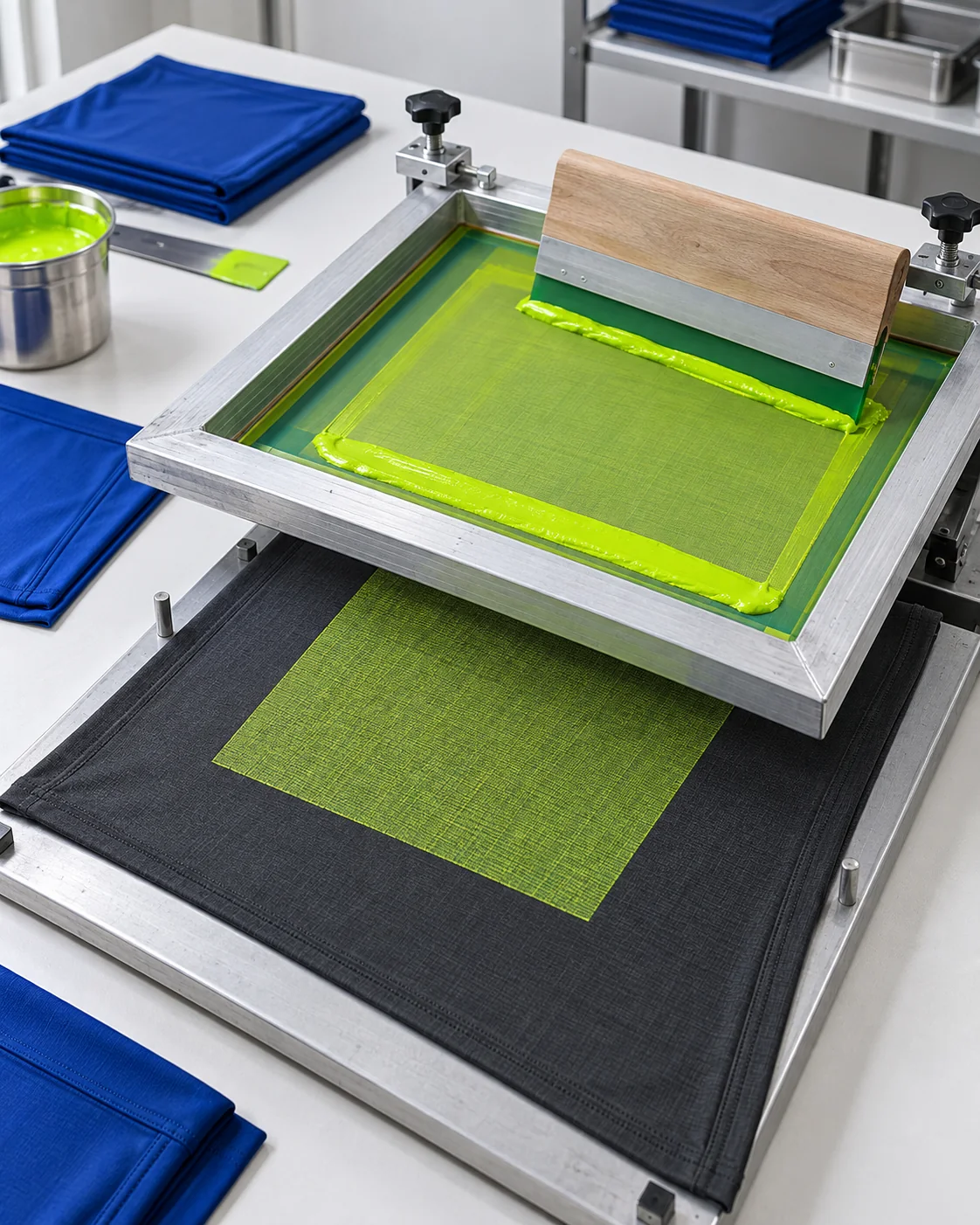A screen print being pulled onto a garment