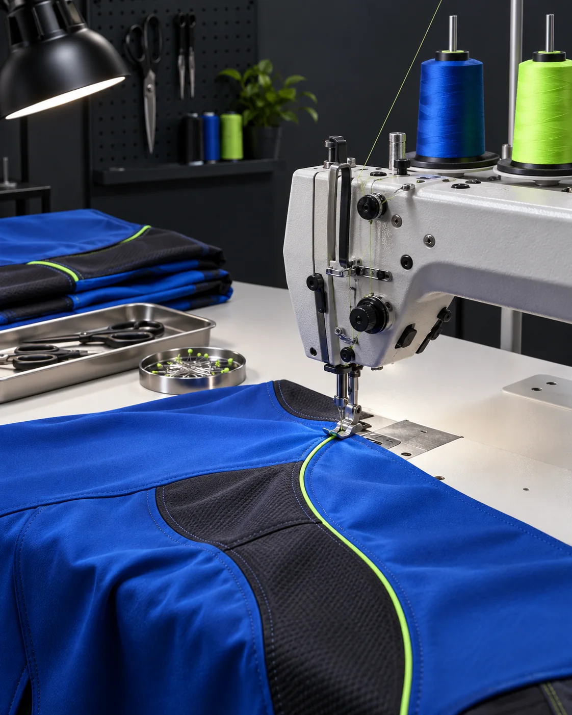 Jersey panels being sewn on an industrial machine