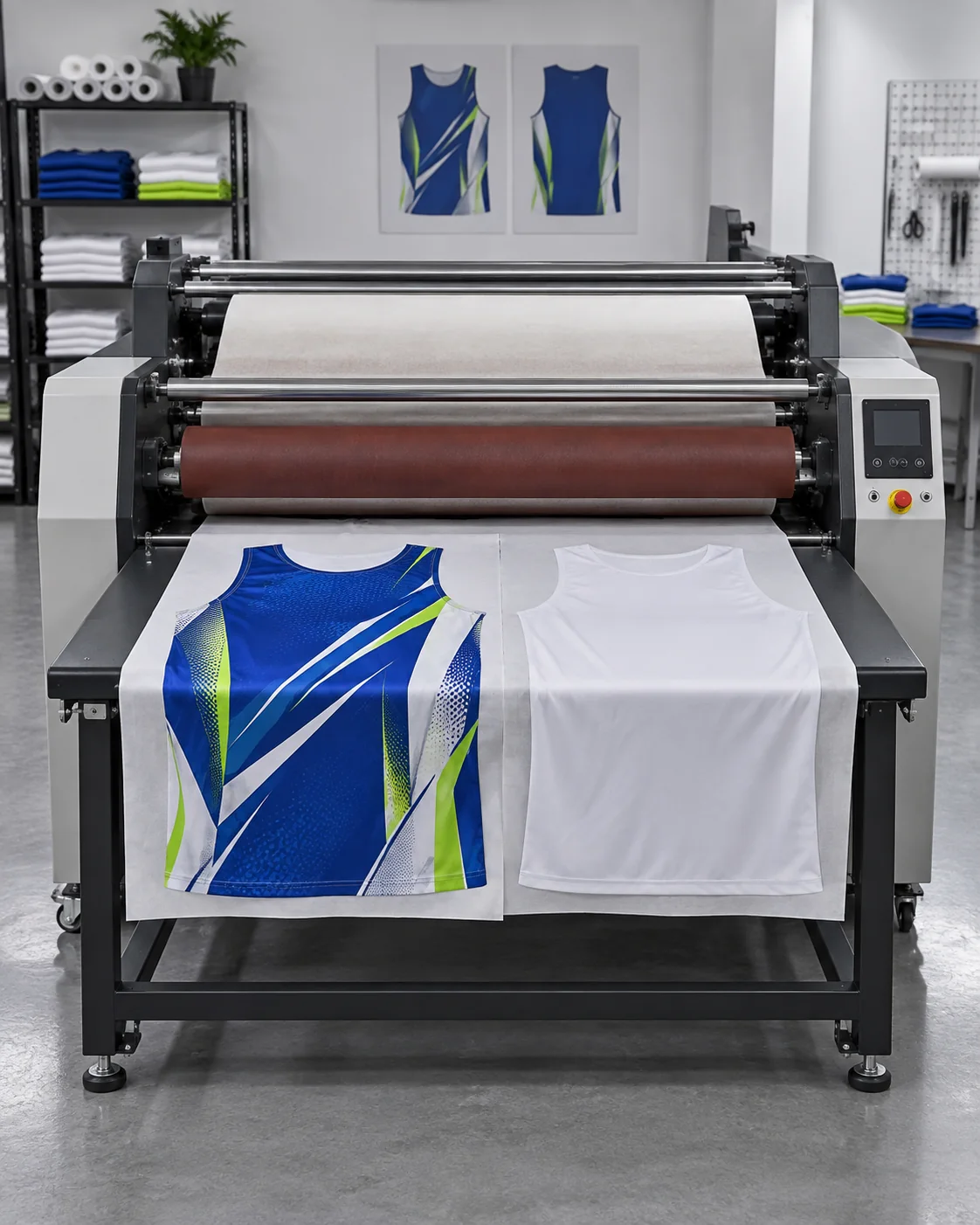 Sublimated jersey panels coming off a heat press