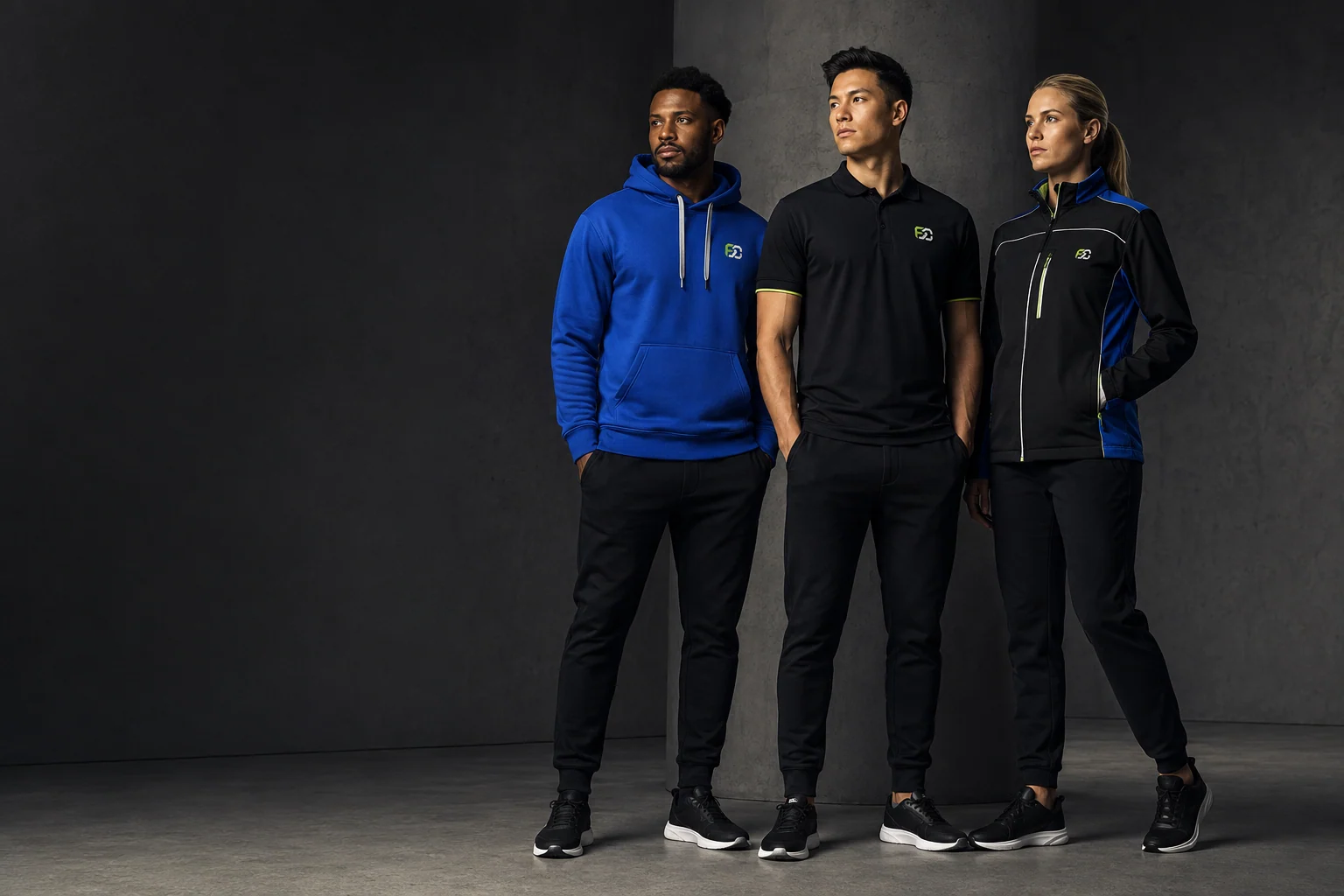 Three models in a royal-blue hoodie, black polo and black jacket with Fusion Crest marks