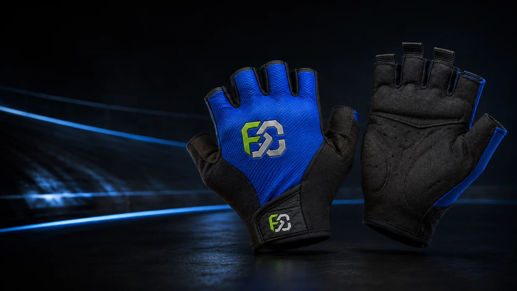 A pair of blue and black fingerless cycling gloves with padded palms