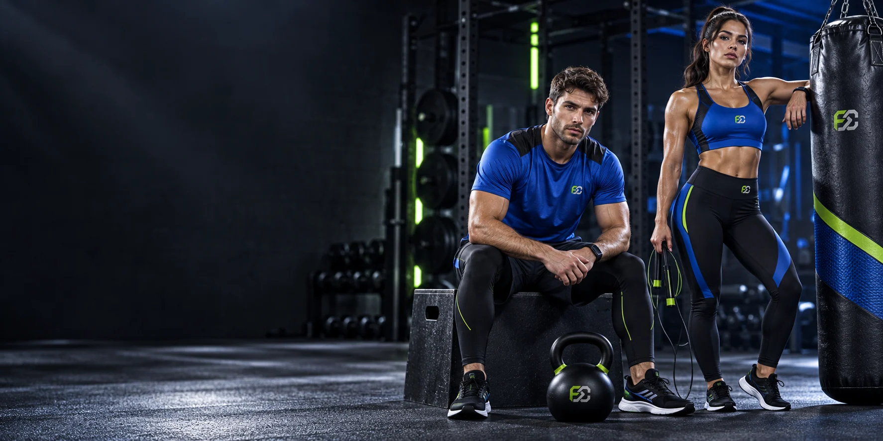 Two athletes in blue and black training wear beside a kettlebell and punch bag
