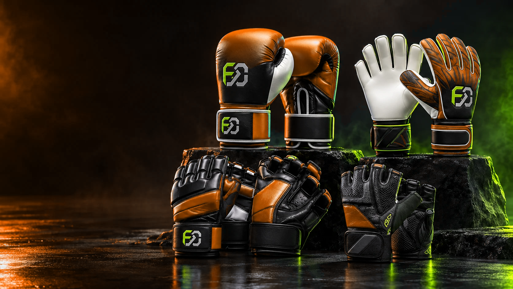 Boxing, goalkeeper and MMA gloves in orange, black and white on a stone plinth