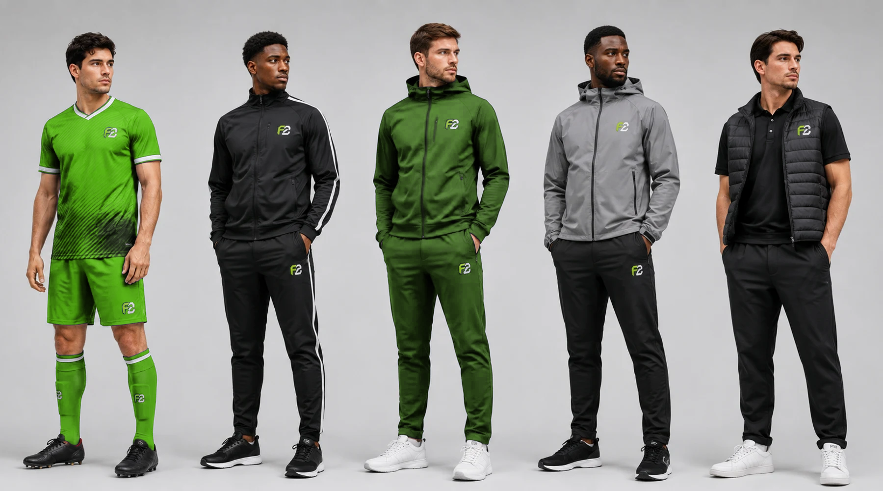 Five teamwear pieces from the catalogue: a green match kit, black and green tracksuits, a grey jacket and a black gilet