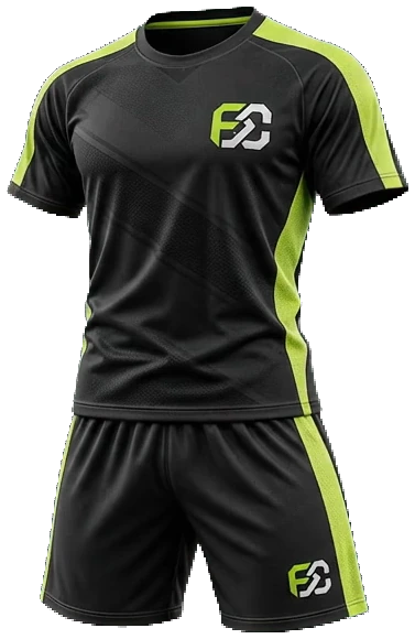 Black soccer jersey and shorts with lime raglan panels and the Fusion Crest crest