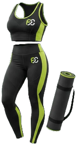 Black sports bra and leggings with lime side stripes beside a rolled yoga mat