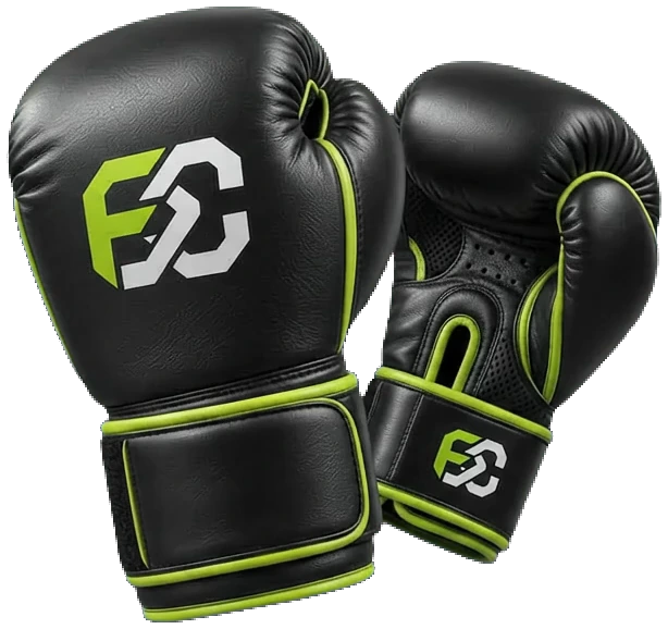 Pair of black boxing gloves with lime trim and the Fusion Crest mark