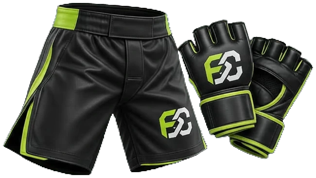 Black MMA fight shorts with a lime waistband and open-finger grappling gloves