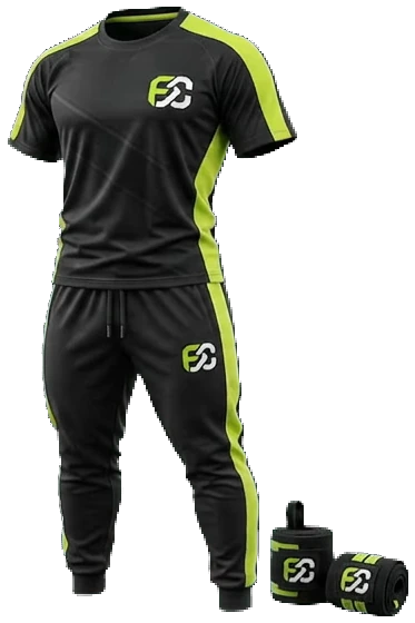 Black training tee and joggers with lime panels, with lifting wrist wraps