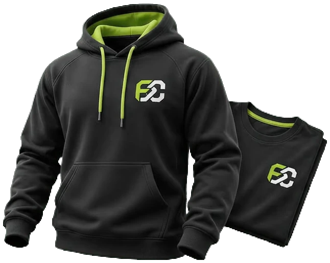 Black hoodie with lime drawcords and a folded tee, both carrying the Fusion Crest mark
