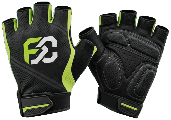 Black fingerless cycling gloves with lime panels and padded palms