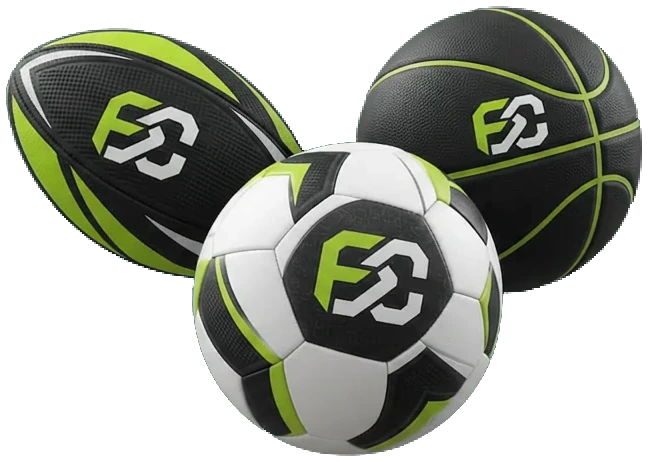 Rugby ball, basketball and soccer ball in black, white and lime