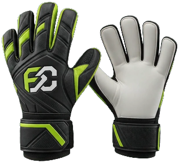 Black goalkeeper gloves with lime fingersave bands and white latex palms