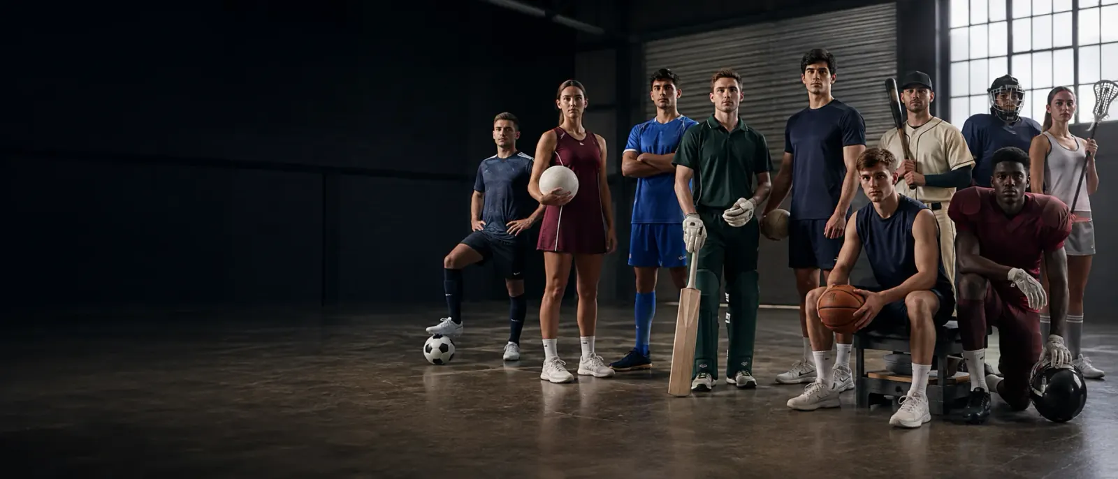 Athletes from nine team sports standing together in their match kits